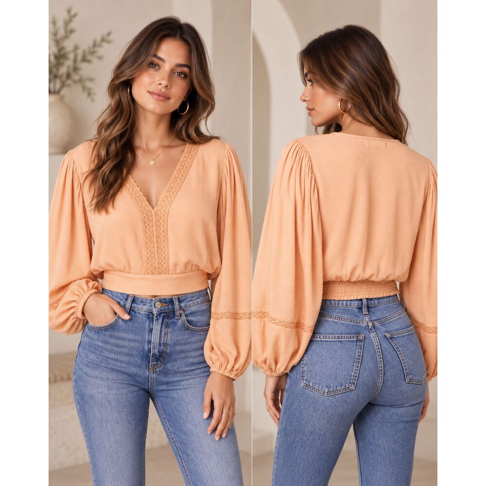 Band of the Free Brie Crop Top Light Camel Long Sleeve Size XS NWT